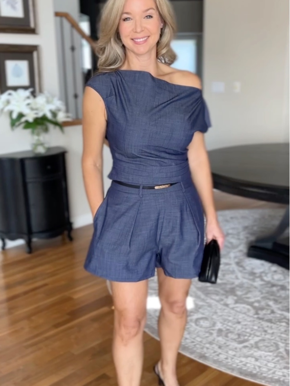 NWT - Asymmetric Off-Shoulder Denim Top & Belted Shorts Set